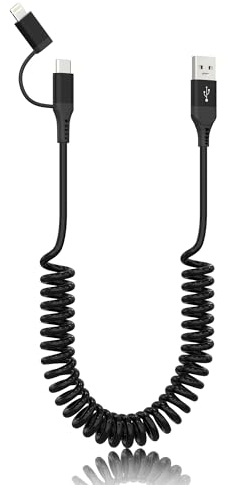 USB auf USB C und Lightning Spiralkabel 2 in 1 Android Auto & Apple Carplay Kabel Kurz USB C Spiralkabel iPhone Ladekabel mit Typ C und Lightning Anschluss für iPhone 15/14/ 13/12/ Samsung/Android
