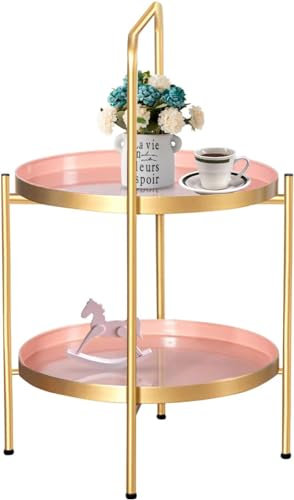 Tavolino Rotondo Tavolino da caffè con Tavolino da caffè Staccabile in Ferro Arte Facile da Assemblare per Soggiorno Camera da Letto Piccoli Spazi,Oro+Rosa