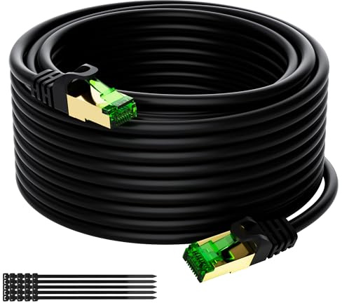 Cavo di rete Cat 8(Nero, 15 Metri)40 gbit per uso esterno e interno,cavo Ethernet S/FTP da 2000 MHz,cavo LAN,cavo patch,26AWG,Connettore placcato in oro+Verde trasparente+25 pezzi di cavi cravatte
