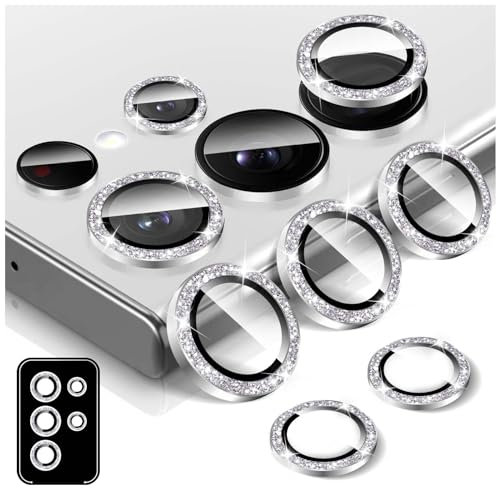 Kucheed Protecteur D'objectif D'appareil Photo à Paillettes pour Samsung Galaxy S22 Ultra, Couvercle de Caméra en Verre Trempé Anneaux Métalliques Individuels à Alignement Automatique
