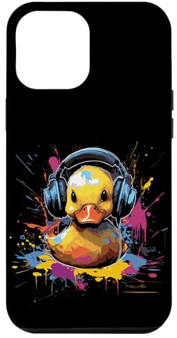 Hülle für iPhone 15 Pro Max Gummiente hört Musik mit Kopfhörern