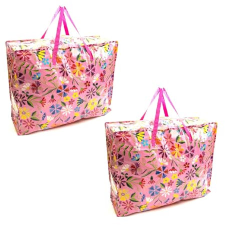 2 PACK Pink Flower 75x60x25cm Heavy Duty Durable Reusable Foldable Waterproof Laundry Clothing Wardrobe Storage Moving House Shopping Toy Storage Bags Extra Large Jumbo Zipped Floral Bag