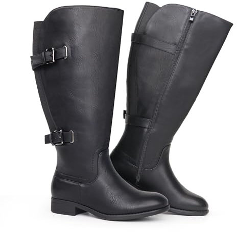 Chicblooms Botas clásicas de caña ancha con tacón plano y doble hebilla trasera elásticas para mujer, PU negro, EU38
