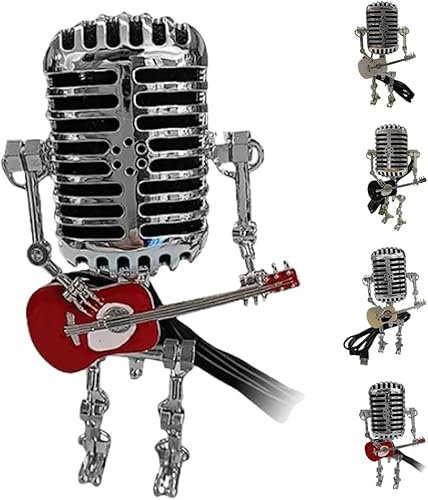 Nihexo Mic Rockbot, Retro Style Microphone Robot Table Lamp, Metal Microphone Robot Desk Lamp with Mini Guitar (Red)