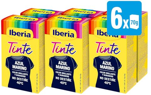 Iberia - Tinte Para Ropa Color Azul Marino, Color Brillante y Duradero, No Destiñe, Incluye Cubeta con Fijador y Dos Sobres de Tinte, Apto Para Teñir en Lavadora y A Mano - Pack 6 x 70 g