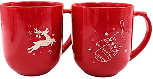 Dekohelden24 Jumbo Becherset, Große Kaffeebecher, XXL - Glühweinbecher Hirsch & Winterhandschuh aus Porzellan in rot und weiß im 2er Set, Größe: L/B/H ca. 15 x 11 x 12 cm, Fassungsvermögen 820ml.