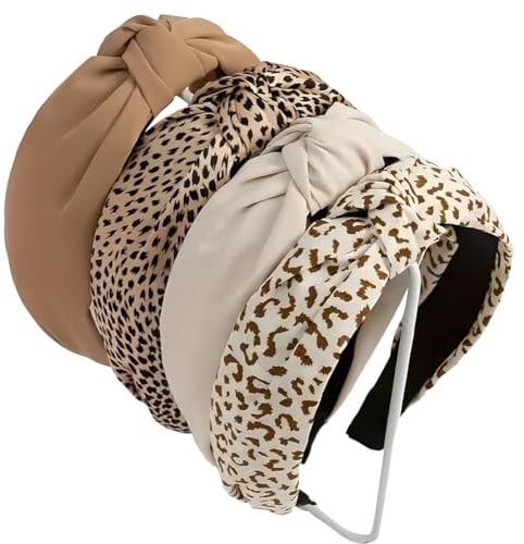 4 Stück Haarreifen Damen Stirnbänder, Leopardenmuster Haarreif, Vintage Haarband Rutschfest Stirnbänder, Breite Haarbänder für Frauen Mädchen Mode Haarschmuck Beige Braun