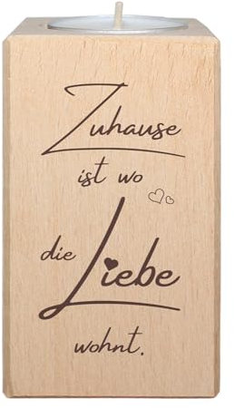 Zuhause ist wo die Liebe wohnt - Teelichthalter mit Spruch - Kerzenständer aus Holz als Dekoration Geschenk zu Hausbau, Umzug, Geburtstag, Deko Esszimmer, Wohnzimmer …