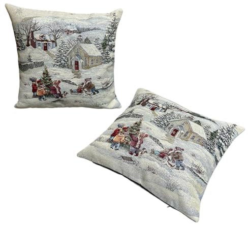 Generico Weihnachten Gobelin Kissen mit Lurex Silber 45x45 cm Weihnachtslandschaft mit Kindern Tirol Shabby Country (2)