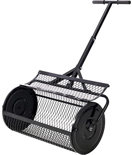 QLSABIA Kompoststreuer und Torfmoosstreuer, Kompoststreuer mit Metallgeflecht, 2-in-1-ATV und T-förmiger Griff zum Pflanzen und Säen, Rasen- und Gartenpflege, Miststreuerwalze (24L＂×13B＂×47,2H＂)