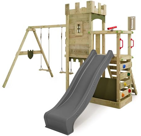 FATMOOSE Spielturm Ritterburg BoldBaron Boost XXL mit Schaukel & anthraziter Rutsche, Outdoor Kinder Kletterturm mit Sandkasten Leiter & Spiel-Zubehör für den Garten