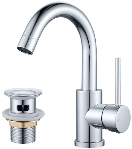 Rainysprit Basin Mixer Tap with Pop up Waste, Stainless Steel Bathroom Sink Tap Mixer 360° Swivel, G1/2 UK Standard Fittings, Hot & Cold Water Control, Chrome