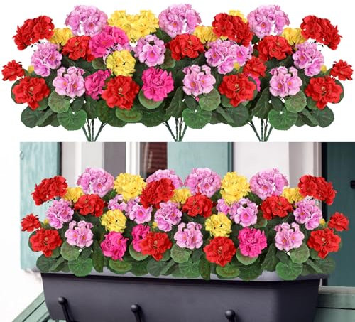 Weldomcor Künstliche Blumen, 4 Bündel im Freien und Innen Gefälschte Blumen, Geranie Blumen Dekoration Faux UV-beständige Geranienbusch für Garten Veranda Fenster Box Dekor, Mehrfarbig
