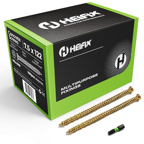 Heifix Carbon Steel Zinc-Plated Concrete Screws (QTY 100, 7.5mm x 122mm) FREE T30 Torx Bit Included - Flat Countersunk Head with Locking Ribs, Deep High/Low Thread for Maximum Hold