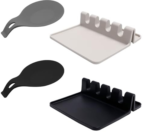 Bofanze 4 Stück Silikon-Utensilienablage mit Abtropfpad Kochbesteck Ablage | Silikon, weich, Küchenutensilien, Topfschalte, Küche