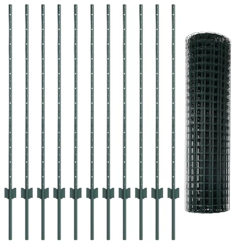 vidaXL Grüner PVC-beschichteter Schwerlast-Gartenzaun-Set | UV-beständiger Metallzaun für draußen, mit 1 Rolle und 10 Pfosten, robuster rechteckiger Stil für Terrassenbarrieren, Stahlpanel anpassbar