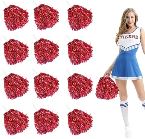xolear 12 Stück Cheerleader Pompons, Cheerleading Poms, Cheerleader Pompons mit Handgriffen, für Sportwettbewerb Tanzen Cheers, Cheerleading, Tanz, Spiele und Karnevalspartys, Rot