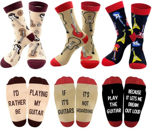 QXRXN Socken mit Gitarren-Cricket-Motorrad-Thema, Geschenke für Männer, lustige und ungewöhnliche Wadensocken, 3 Paar, Multipack, Geschenke für Männer, Geburtstagsgeschenk, Neuheit Socken