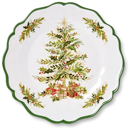 Holly Tree Christmas Dinner Plates – Set of 4 Melamine Holiday Plates with Festive Tree Design, Scalloped Rims, Break-Resistant, Dishwasher Safe, Perfect for Entertaining