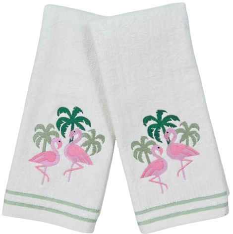 Coastal Bathroom Hand Towels – Set of 2 White 100% Cotton Embroidered Pink Flamingos & Green Palm Trees Design – 25 x 16” Decorative Bath & Kitchen Towels