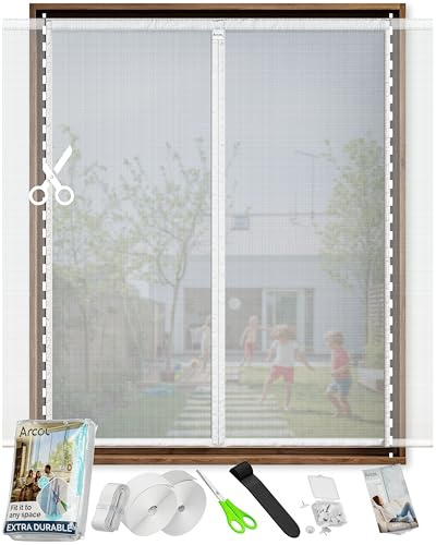 ARCOL Zanzariera Magnetica per porte Regolabile in Larghezza – Tenda Zanzariera Porta Finestra con Fettucce a Strappo, Zanzariera magnetica porta finestra accorciabile (155x150 cm, Bianco)