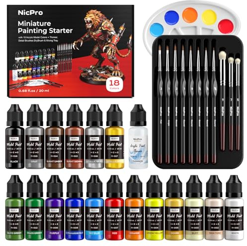 Nicpro Modellbau Acrylfarben Set 18 Farben x 20 ml, Modell Acrylfarben mit 20 ml Verdünner, Palette, 11 Detailpinseln und Drybrush, Miniatur-Malset für Modelle, Basteln, Miniaturfiguren, Airbrush