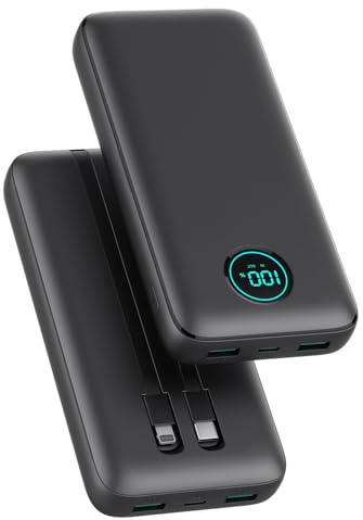 Power Bank 26800mAh con Cable, PD 25W QC4.0 Carga Rápida Batería Externa USB C, 5 Salidas Bateria Portatil con Pantalla LCD Cargador Portátil para iPhone 16/15/14, Samsung Huawei (Negro)