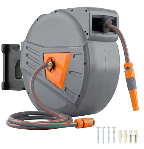 Outsunny Retractable Hose Reel Wall Mounted, 40+2m Garden Hose Pipe Reel with Auto Retraction, Self-Locking, Slow Return System, 180° Swivel Bracket, 2 Patterns Nozzle and Faucet Adaptors, Orange