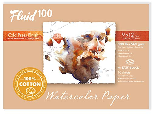 Fluid 100 Watercolor Paper Block, 12 x 16 inches, 10 Sheets, 300 lb (640 GSM) 100% Cotton Cold Press Pad for Artist Painting and Wet Media