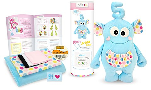 kullaloo - Näh-Set/Materialset zum Selber machen: Alien B-Day Bibs mit Alter als Antenne - türkis und in schicker Dose