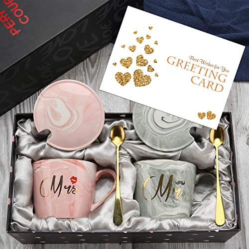 EXREIZST Juego de tazas de café Mr and Mrs Couple - Regalos de boda para novios, regalos para él y ella, aniversario, regalos de novia para compromiso, fiesta de cumpleaños, tazas de mármol de