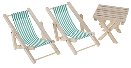 Perfeclan 3 Stücke 1/6 Puppenstube Garten Möbel Holzmöbel gestreiften Liegestuhl Strandstuhl Klappstuhl & Tisch, Grün