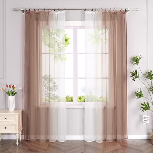 HeichkelL 2er-Set Voile Gardinen mit Kräuselband Farbverlauf Vorhänge Transparente Gardinenschals Verlaufenfarbige Fensterstores für Wohnzimmer Braun BxH 140x245cm 2 Stück