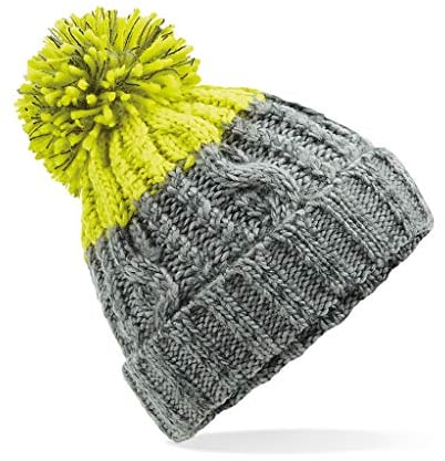 ASVP Shop Corkscrew Cable Knitted Bobble Hat Plain Mens Womens Beanie Warm Winter Pom Wooly Cap (Light Grey/Citron)