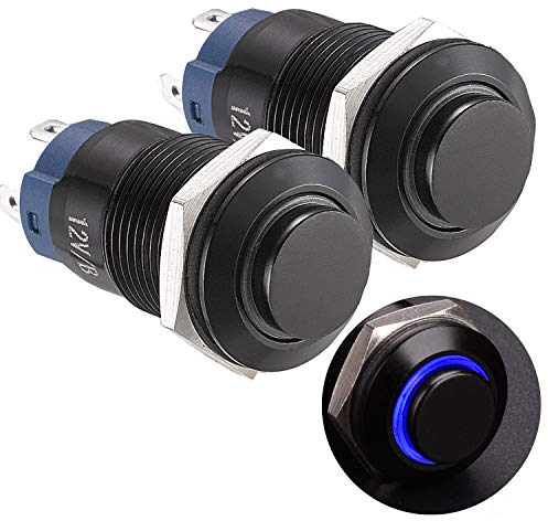 APIELE 2 Stücke 12MM Verriegelung Druckschalter 12V, Aluminiumgehäuse Hervorstehend mit LED Ringbeleuchtung wasserdicht Latch Drucktastenschalter, Auto RV LKW Boot EIN/AUS Taste Schalter (blau)