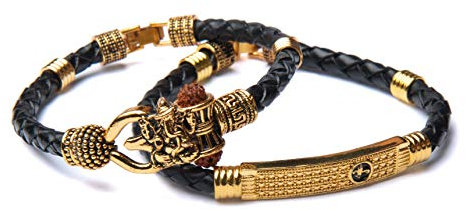 Rudraksha Shiv Om Trishul Damroo Kada für Männer, Lord Shiva Bahubali Armreif für Männer, Jungen | Religiöses Messing Kada | Freie Größe Armband für Maha Shivratri (Ganesha Leder + Fancy Black)…