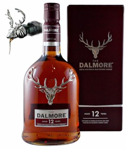 H-BO Dalmore 12 Jahre Whisky Genießerset 0,7l & Hirschkopf Ausgießer | Edles Highland Single Malt Scotch Genießerset Ausgießer mit Zinklegierung Geschenk Idee für Männer & Genießer