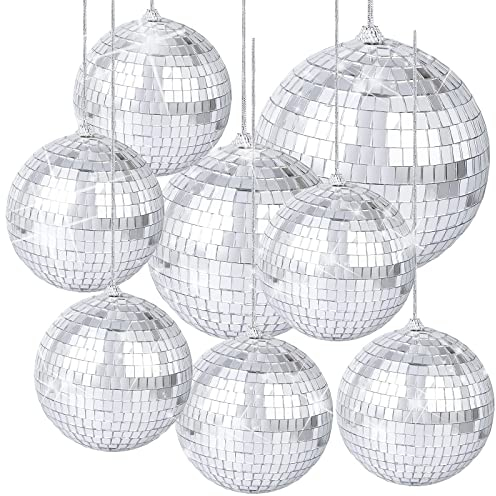 AIGOHOM 8 Pcs Boule à Facettes Disco Miroir Boule Disco,Boule de Paillettes d'argent, Miroir à Suspendre,Argent Décoration à Suspendre pour Fête,Carnaval-3 Taille (15CMX1+10CMX1+6CMX6)