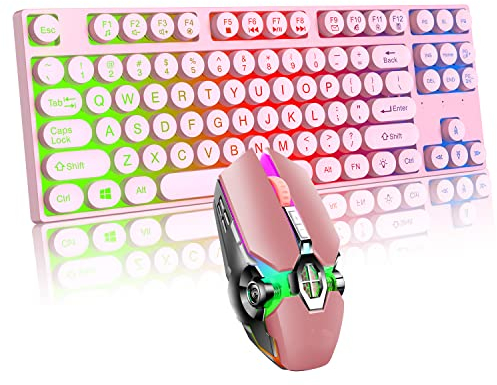 Ensemble clavier et souris de jeu à sensation mécanique, 87 touches rétro punk, clavier rose rétroéclairé arc-en-ciel, souris de jeu légère pour jeu et bureau (ensemble rose)