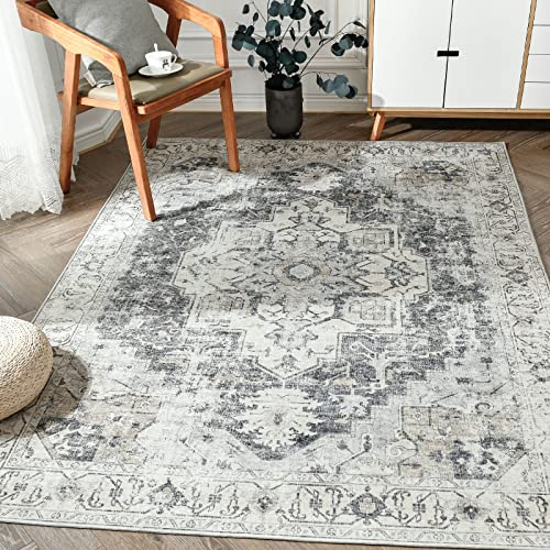 TOPICK Teppich 120x180cm Grau Floral Faltbar Waschbar Superdünne Vintage Blumenteppich Kurzflor Orientalischer Küchenteppich für Innenbereich Schlafzimmer Wohnzimmer Esszimmer Büro Flur
