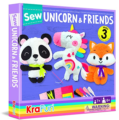 KRAFUN Einhorn-Nähset für Kinder ab 7 Jahren, 3 Anfänger-Stofftierpuppen (Panda, Fuchs, Einhorn), Plüschfilz, Anleitung, Namensschilder, Wiederverwendbare Box, Lernspielzeug