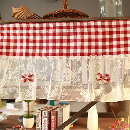 A.Monamour Gardine Scheibengardinen Landhaus Baumwolle Weiß Rot Kariert Gingham Mit Blumenstickerei Spitze Kurzvorhang Kurzgardinen Küchengardine Küche Vorhang Fenster Kurz Stores Bistrogardine