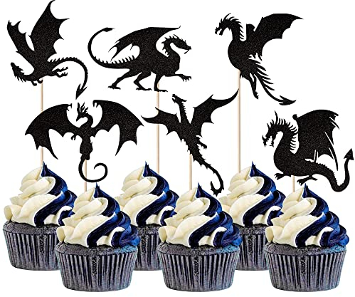 24 Pack Dragon Cupcake Toppers Glitter Fantasy Birthday Cupcake Picks for Flying Dragon Theme Baby Shower Kids Birthday Party Cake Decorations Supplies Black
