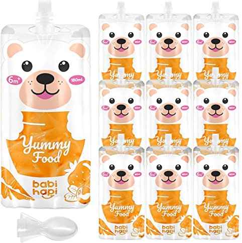 Babi Hapi Reusable Baby Food Pouches - 10 Pack Premium 180ml / 6.3oz Capacity - Fun, Easy-to-Use & Dishwasher Safe