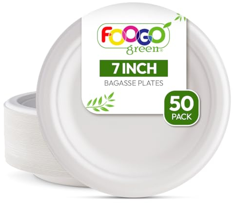 FOOGO Green 50 Platos Desechables de Fibra de Caña de Azúcar, 18 cm, para Postres y Entrantes, Biodegradables, Compostables, Picnic, Fiesta, Platos Redondos y Resistentes de Papel para Aperitivos