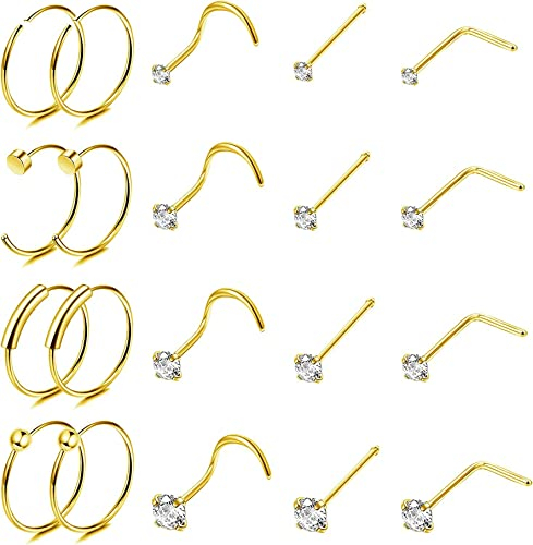 JeweBella 20 Stück Nasenpiercing Ring Nasenstecker für Damen Herren Chirurgenstahl Klein L-Form Nasenstecker Nostril Piercing Nase CZ Nasenringe Septumringe für Frauen Silber/Gold 18G 20G 22G