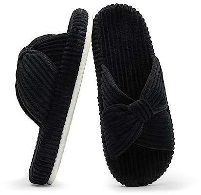 Chantomoo Hausschuhe für Frauen Memory Foam Haus Schlafzimmer Cord Schleife Crossbands Slide Slipper Schuhe Bequem Trendy Geschenk Hausschuhe, Schwarz, 40/41 EU