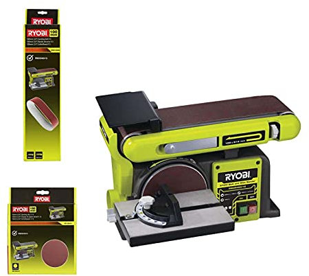 Pack RYOBI Ponceuse à bande et à disque stationnaire 370W RBDS46016-5 bandes abrasives BSS100A5-10 disques diamant SD150A10