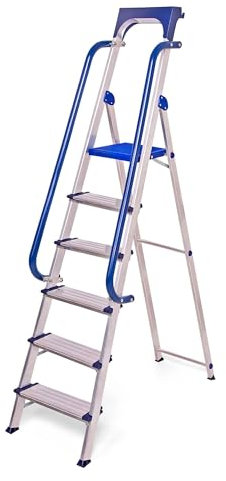 Escalera Secure de 6 peldaños robusta, aluminio reforzado, pasamanos, bandeja de herramientas extraíble, altura de la plataforma 135 cm, capacidad de carga 150 kg, Hostrom