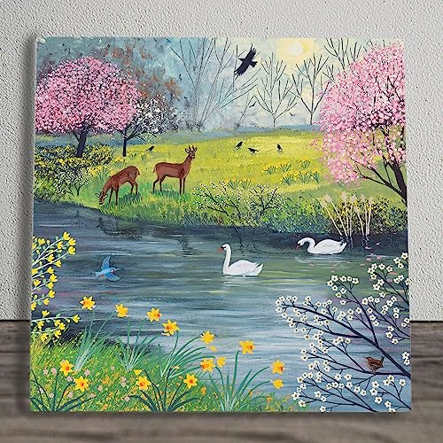 Swan & Deer Ceramic Tile Picture Plaque Sign Wall or Freestanding Floral Forest Art Spring River By Jo Grundy 20x20cm